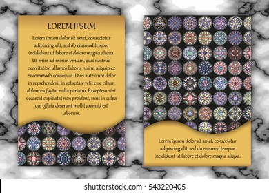 Vintage card with tribal tile patchwork abstract pattern and ornaments. Vector Flyer ethnic design Layout template. Front page and back page. Indian, chinese, moroccan, aztec, ottoman motifs.