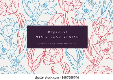 Vintage card with tulip flowers. Flower frame for flower shop with label designs. Summer floral lily greeting card. Flowers background for cosmetics packaging