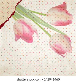 Vintage card Tulip on polka dot background. And also includes EPS 10 vector