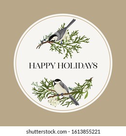 Vintage card with two birds on the branches. Vector christmas composition with winter plants and titmouse.
