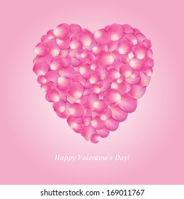 Vintage card with valentines day with delicate pink petals / Heart of pink rose petals