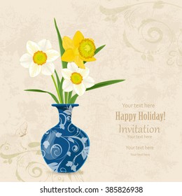 vintage card. vase with bouquet of daffodils