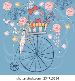 Vintage card vector with cat in bright colors