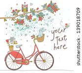Vintage card in vector. Retro bicycle with cute dog under the branch with flowers and owl in bright colors