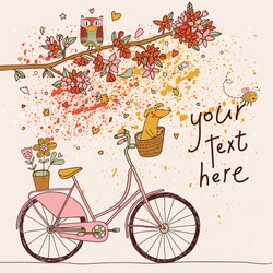 Vintage Card In Vector. Retro Bicycle With Cute Dog Under The Branch With Flowers And Owl In Bright Colors