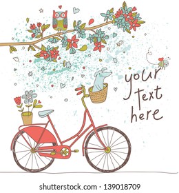 Vintage card in vector. Retro bicycle with cute dog under the branch with flowers and owl in bright colors