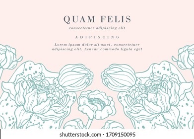 Vintage card with water lily flowers. Floral wreath. Flower frame for flowershop with label designs. Floral water lily greeting card. Flowers background for cosmetics packaging
