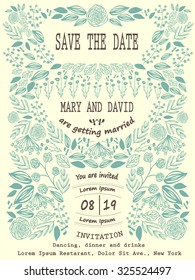 Vintage card or wedding invitation and announcement with elegant floral background. Vector Illustration