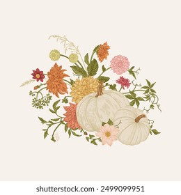 Vintage card with white pumpkins, flowers and berries. Colorful.