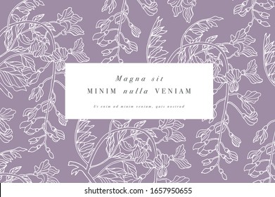 Vintage card with wisteria flowers. Floral wreath. Flower frame for flowershop with label designs. Summer floral wisteria greeting card. Flowers background for cosmetics packaging