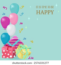 Vintage card for your text decorated with balloons, presents on a turquoise background. For decorating invitations, congratulations, birthday.
