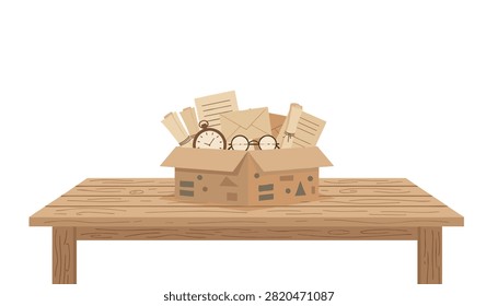 Vintage cardboard box filled with old documents letters scrolls pocket watch and glasses sits on a wooden table.