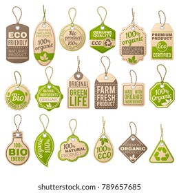 Vintage cardboard eco price tags. Shop organic bio farm vector paper labels. Sale eco tag, paper organic label cardboard illustration