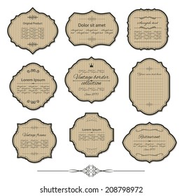 Vintage cardboard frame and label set with sample text. Calligraphic design elements. Vector illustration.