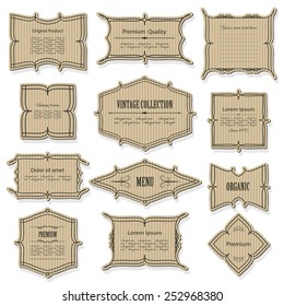 Vintage cardboard frame and label set with sample text. Calligraphic design elements. Vector illustration. 