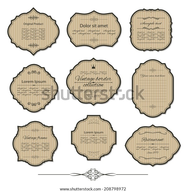 Vintage cardboard frame
and label set with sample text. Calligraphic design elements.
Vector illustration.