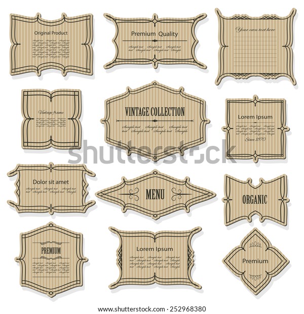 Vintage cardboard frame\
and label set with sample text. Calligraphic design elements.\
Vector illustration. 