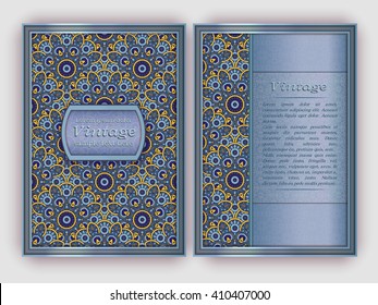 Vintage cards with blue and yellow laced geometric pattern. Oriental decorative templates for brochure, flyer, booklet. Elegant layout. Front page and back page, size A5. 