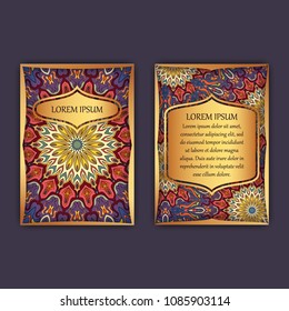 Vintage cards with floral mandala pattern and ornaments. Front page and back page. Luxury design