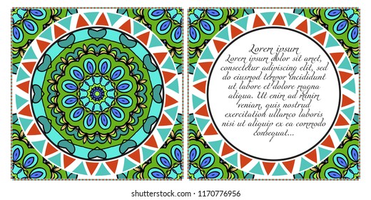 Vintage cards with Floral mandala pattern. Vector template. The front and rear side.