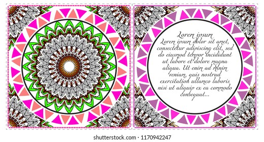 Vintage cards with Floral mandala pattern. Vector template. The front and rear side.