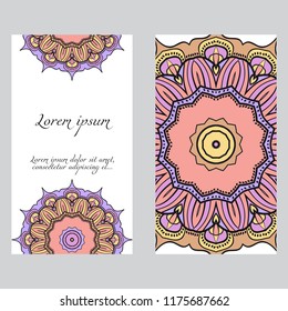 Vintage cards with Floral mandala pattern. Vector template. The front and rear side.