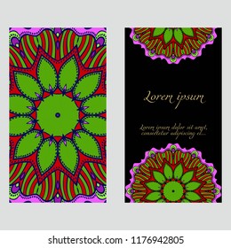 Vintage cards with Floral mandala pattern. Vector template. The front and rear side.