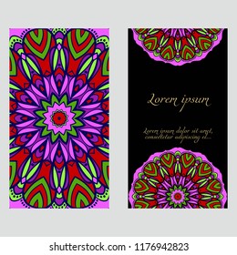 Vintage cards with Floral mandala pattern. Vector template. The front and rear side.