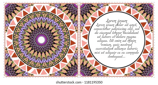Vintage cards with Floral mandala pattern. Vector template. The front and rear side.