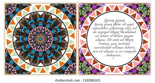 Vintage cards with Floral mandala pattern. Vector template. The front and rear side