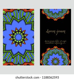 Vintage cards with Floral mandala pattern. Vector template. The front and rear side.