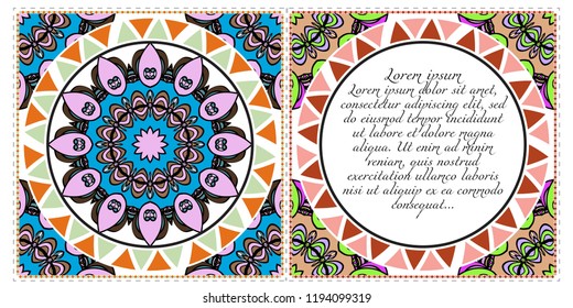 Vintage cards with Floral mandala pattern. Vector template. The front and rear side.