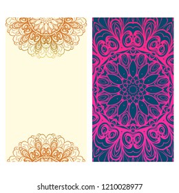Vintage cards with Floral mandala pattern. Vector template. The front and rear side.