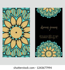 Vintage cards with Floral mandala pattern. Vector template. The front and rear side.