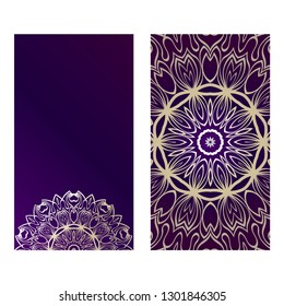 Vintage Cards With Floral Mandala Pattern. Vector Template. The Front And Rear Side. Luxury purple gold color.
