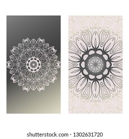 Vintage Cards With Floral Mandala Pattern. Vector Template. The Front And Rear Side. Grey silver color.