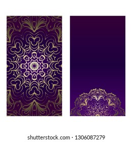 Vintage Cards With Floral Mandala Pattern. Vector Template. The Front And Rear Side. Luxury template. Purple gold color.
