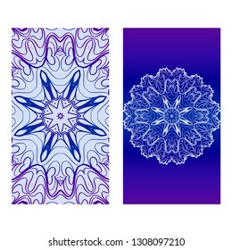Vintage Cards With Floral Mandala Pattern. Vector Template. The Front And Rear Side. Blue, purple silver color.