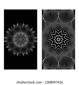 Vintage Cards With Floral Mandala Pattern. Vector Template. The Front And Rear Side. Black silver color.