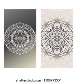 Vintage Cards With Floral Mandala Pattern. Vector Template. The Front And Rear Side. Grey silver color.