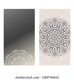 Vintage Cards With Floral Mandala Pattern. Vector Template. The Front And Rear Side. Grey silver color.