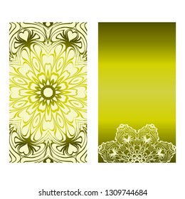Vintage Cards With Floral Mandala Pattern. Vector Template. The Front And Rear Side. Green olive color.
