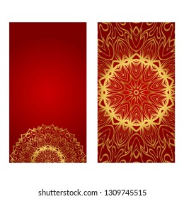 Vintage Cards With Floral Mandala Pattern. Vector Template. The Front And Rear Side. Red gold luxury color.