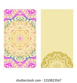 Vintage Cards With Floral Mandala Pattern. Vector Template. The Front And Rear Side. rainbow color.