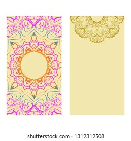 Vintage Cards With Floral Mandala Pattern. Vector Template. The Front And Rear Side. rainbow color.