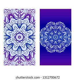 Vintage Cards With Floral Mandala Pattern. Vector Template. The Front And Rear Side. Blue, purple silver color.