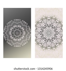 Vintage Cards With Floral Mandala Pattern. Vector Template. The Front And Rear Side. Grey silver color.