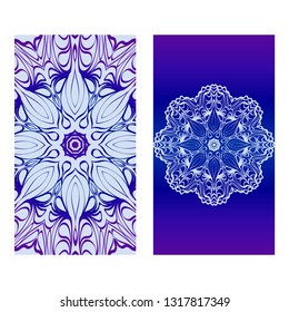 Vintage Cards With Floral Mandala Pattern. Vector Template. The Front And Rear Side. Blue, purple silver color.