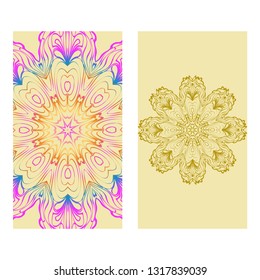 Vintage Cards With Floral Mandala Pattern. Vector Template. The Front And Rear Side. rainbow color.