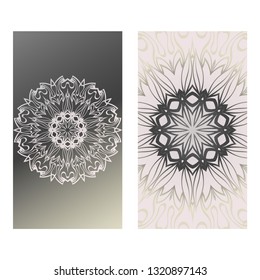 Vintage Cards With Floral Mandala Pattern. Vector Template. The Front And Rear Side. Grey silver color.